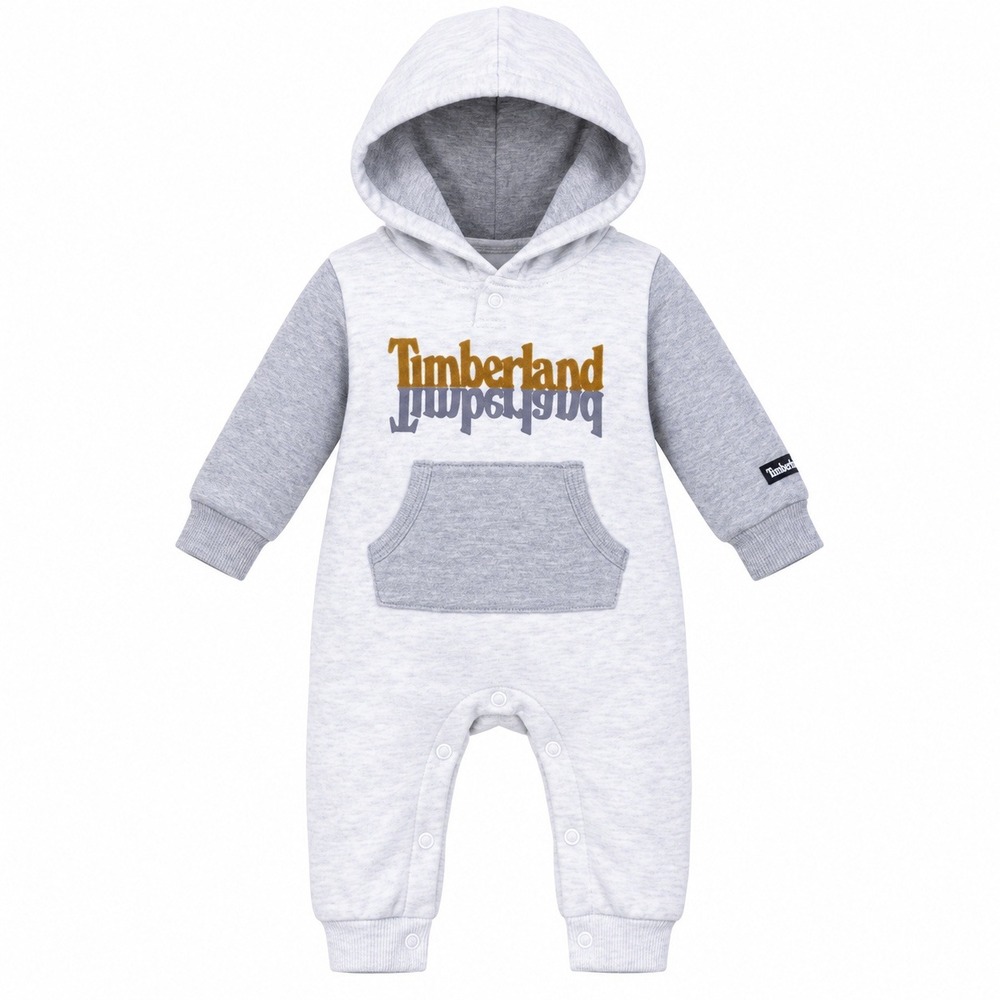 Timberland Baby 3-6 Months Hooded Romper Gray Cream Logo Snap Coverall
